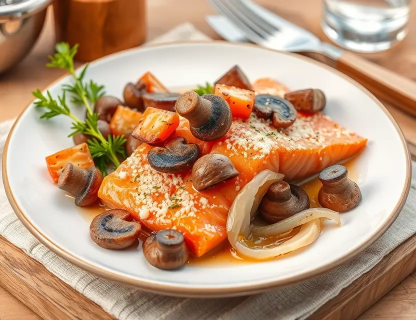 Жареный лосось с грибами и луком